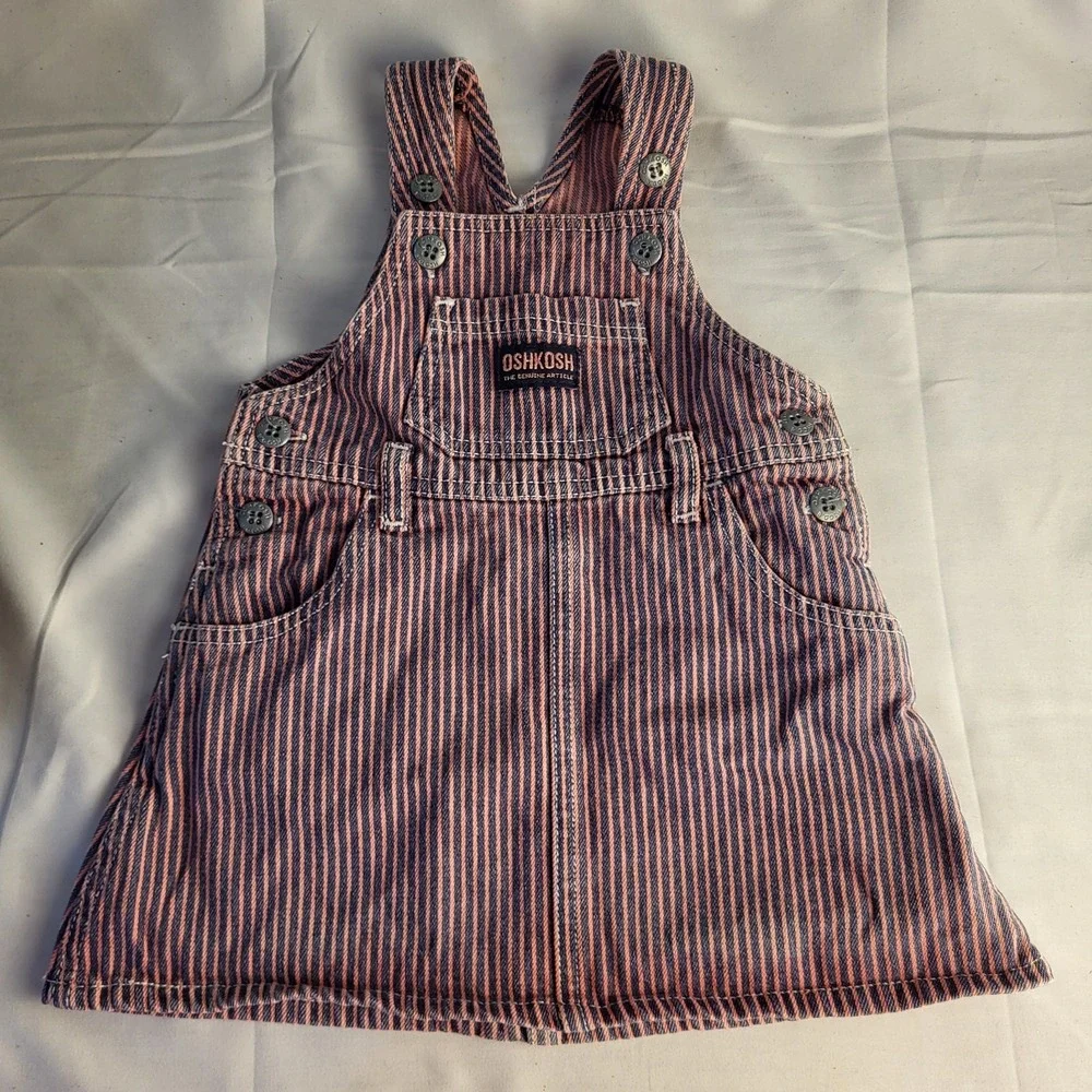 90's Oshkosh Baby Girl 12 Month Hot Pink & Navy Striped Vestbak Jumper Dress
